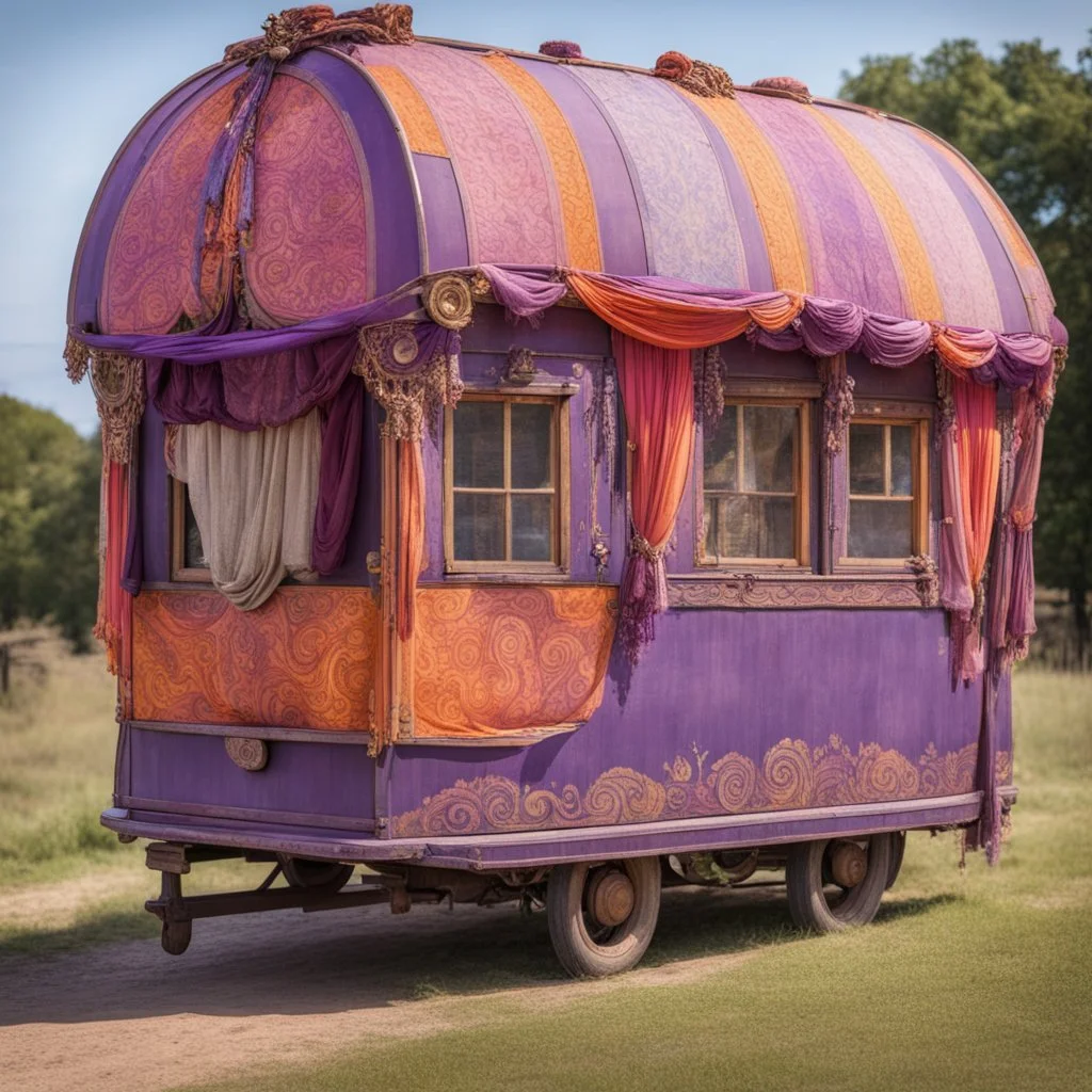 Old fashioned purple, orange and pink gypsy wagon decorated, curtains fluttering in the wind