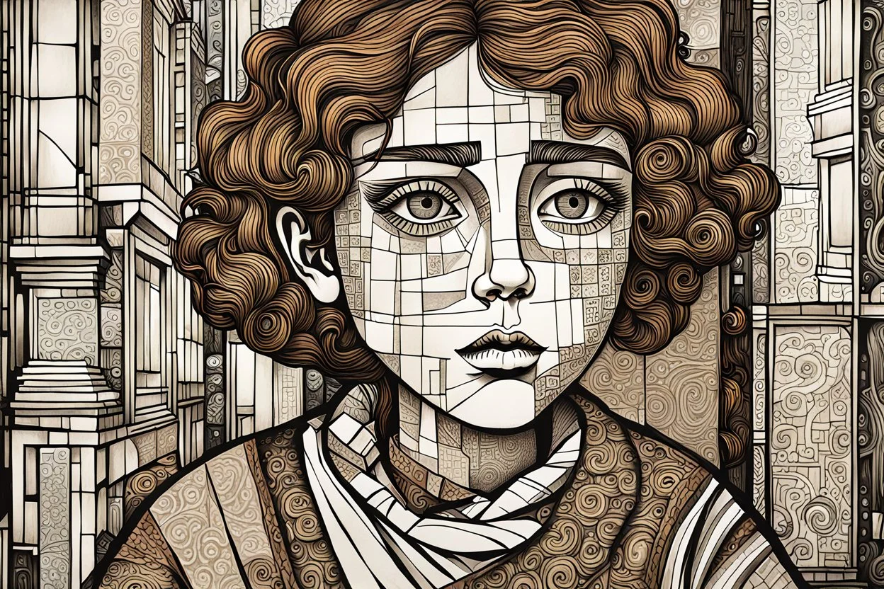 create an abstract asymmetric cubist, full body, lithographic print illustration of an epic grubby and ragged, sad eyed,17th century female Paris street urchin with highly detailed and deeply cut facial features, in the style of GUSTAV KLIMT, EDWARD BURNE-JONES, WILLIAM MORRIS, and KATHE KOLLWITZ combined with the comic art style of BILL SIENKIEWICZ and JEAN GIRAUD MOEBIUS, searing lines and forceful strokes, precisely drawn, boldly inked, and darkly colored