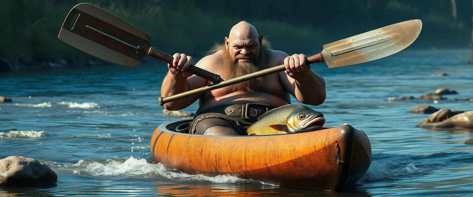ancient bald fat ogre troll machete sitting relaxed in huge massive kayak in stream, smacking fish with big metal oar