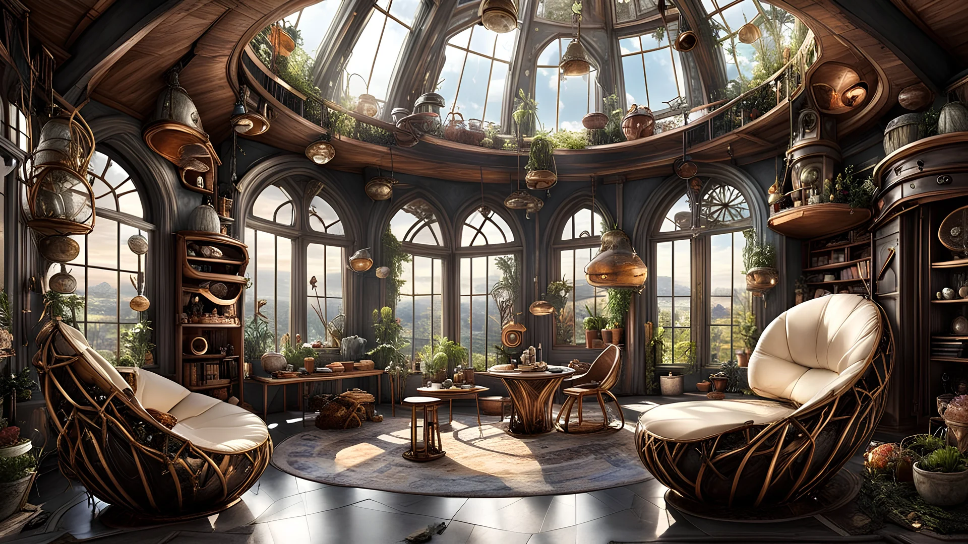 Marble steampunk nest, fantastic view, ultra-detailed John William Waterhouse, Inside a cute fairytale house, with mushroom chairs, flower pots everywhere, giant objects and furniture everywhere by kim onyskiw, aleksi briclot, antonio j manzanedo, bastien lecouffe deharme, Clint Cearley, guweiz, huang guangjian, klaus wittmann, mark brooks, raymond swanland, todd lockwood, intricate, highly detailed, fantasy, artstation, pastel colours