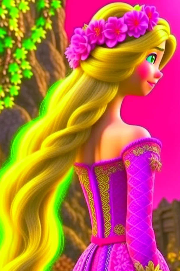 Princess Rapunzel's hair is braided and decorated with beautiful and charming pink flowers in very calm colors