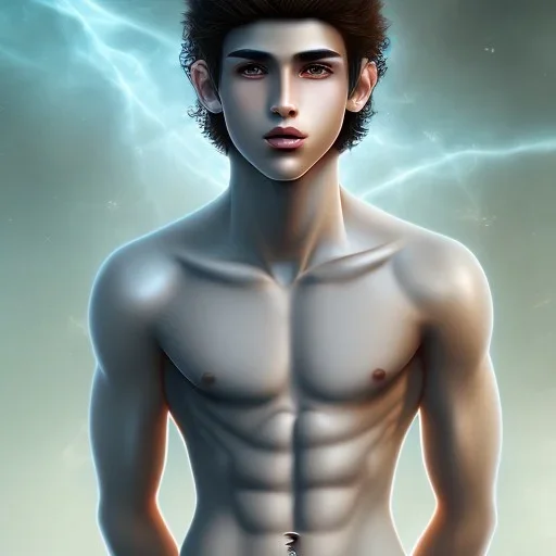 beautiful, slender 12 year old arabic boy with very long curly hair and light blue eyes, shirtless