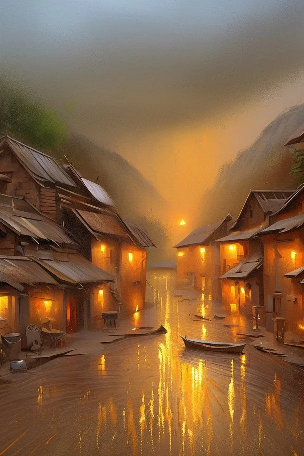 Oil painting is raining that turns anything that falls on it into gold In the In a village