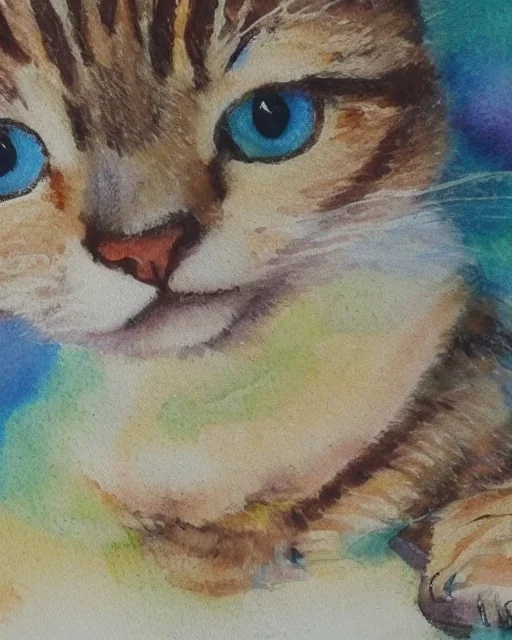 watercolor painting, cat, happy, bright color,