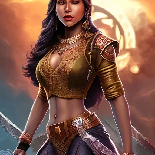 fantasy setting, heroic medieval fantasy, woman, dark skin, Indian, 20 years old, magician, warrior, hourglass body shape, bicolor hair, muscular, cinematic, insanely detailed, Arabian style, half-hawk, short hair, medieval