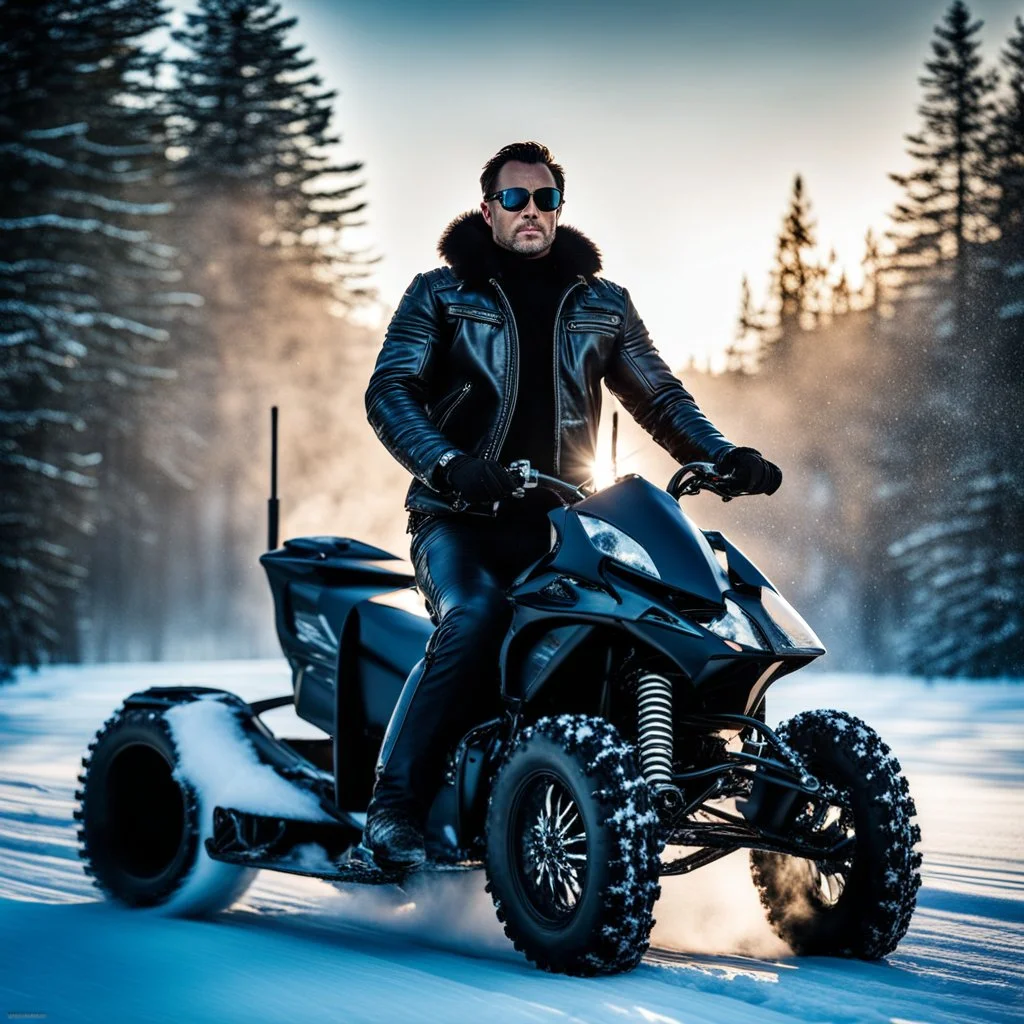 Handsome and muscular 40 year old Biker wearing a winter leather jacket and dark sunglasses riding a snowmobile, dark fantasy