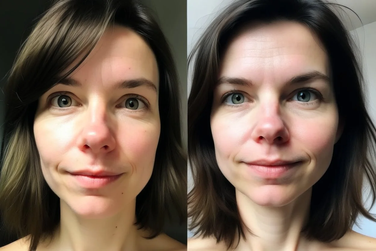 A selfie of a brunette woman, middle short hair, showing a 27-year-old European woman. She has white skin, tousled brown hair, face without makeup, big round dark brown eyes, cute nose, detailed full lips, skin texture. Split screen and show the same face but 15 years older