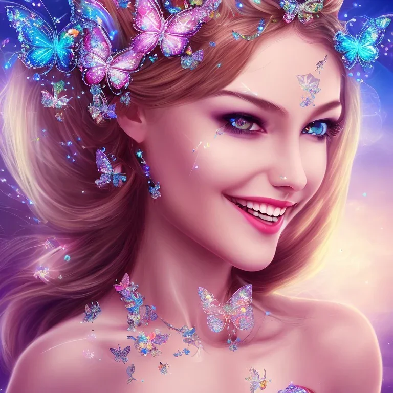  beautiful face princess fairy smiling with sparkle jewel bikini and butterflies in hair