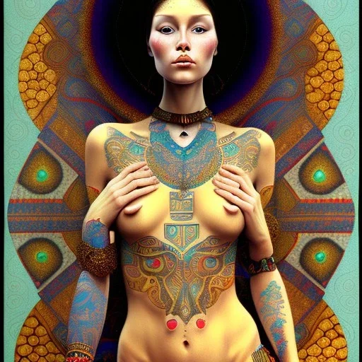 dibujo de cuerpo entero de una mujer tribal bella con tatuajes estilo Gustav Klimt