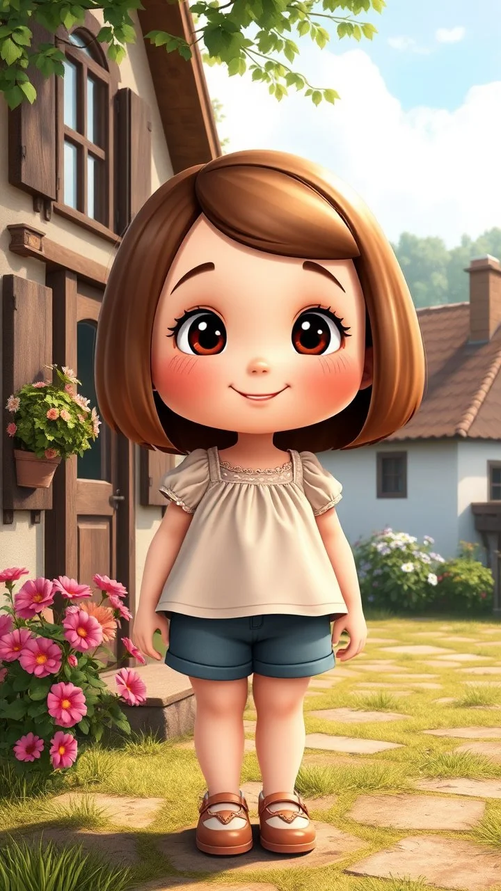 cartonic Chubby child girl with realistic face and bob hair and in pretty top and short tight and nice shoes,standing in country side next to country house with flowers,trees.