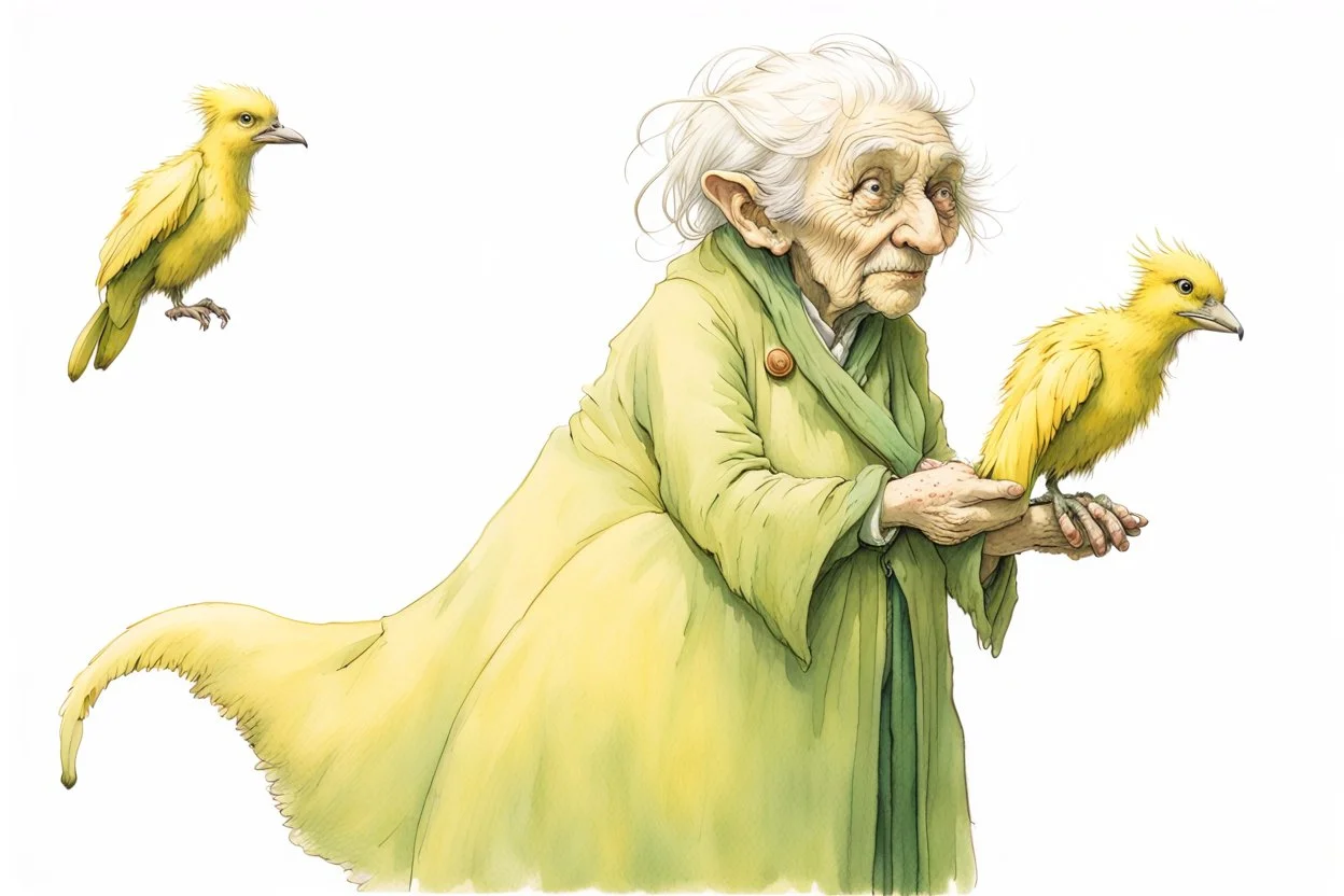 Artist Jean-Baptiste Monge style. A biomorph banana-headed old woman. White eyes. A yellow dotted green furry feathered fluffy dress.