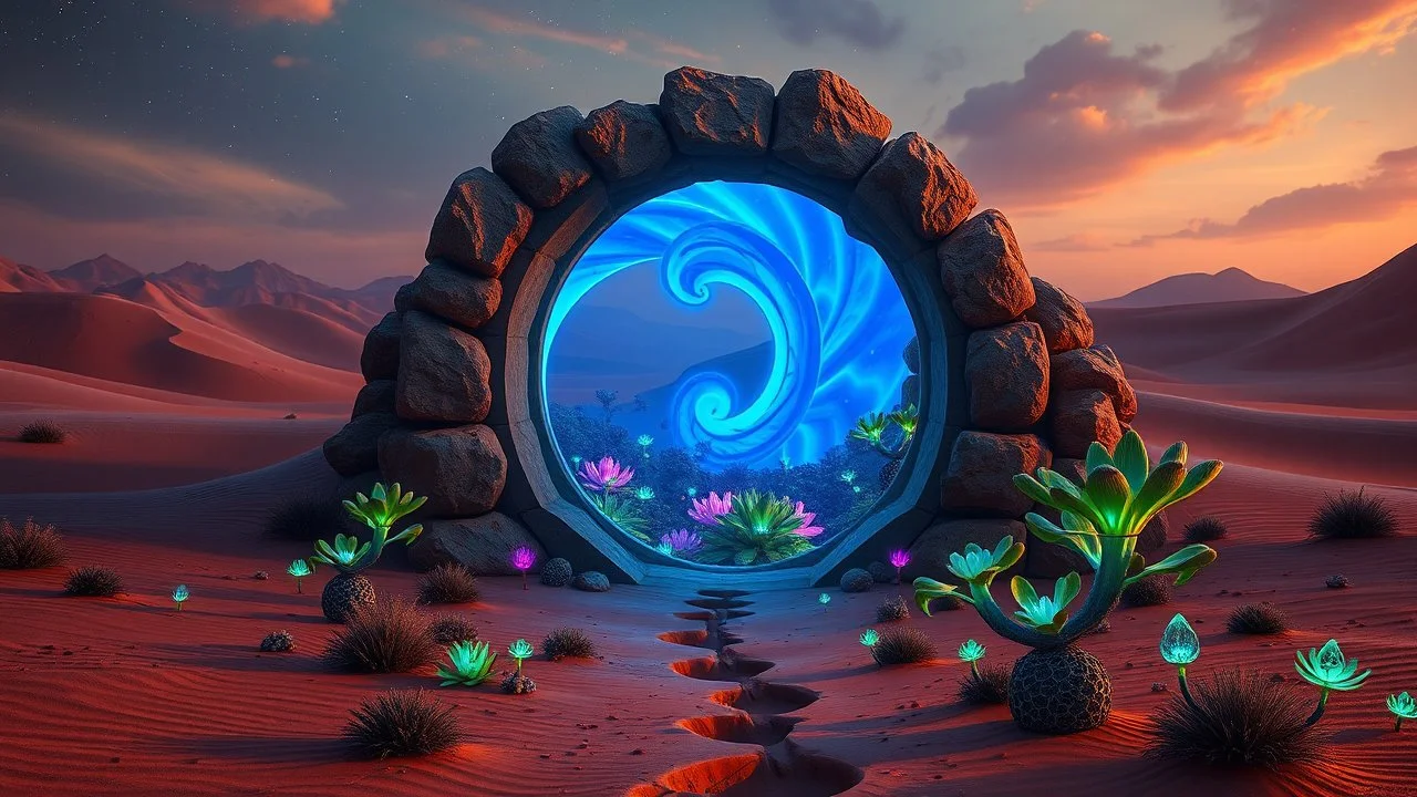 A mystical portal in the middle of a desert, where swirling blue energy leads to a vibrant alien jungle filled with bioluminescent plants. Beautiful award-winning colour photograph, rule of thirds, balanced delightful composition, perfect lighting, superb detail, 16k render