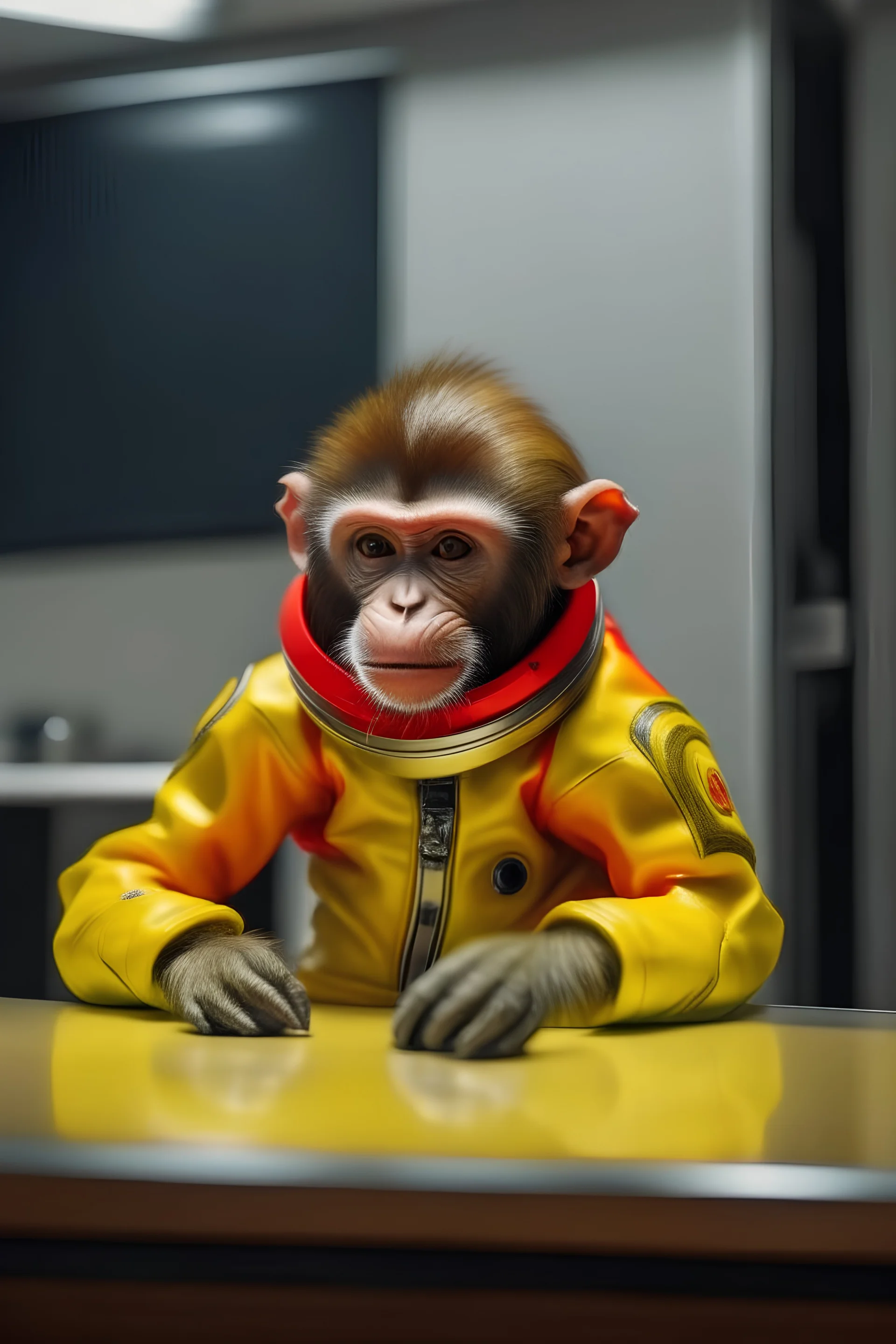 hyper realistic full body red and yellow Space suit little capuchin monkey with glass helmet sitting on a kitchen table, hd, hyper realistic, realistic, textured fur, hdr, photoshop, photography, 4k, 16k, leica, fujifilm