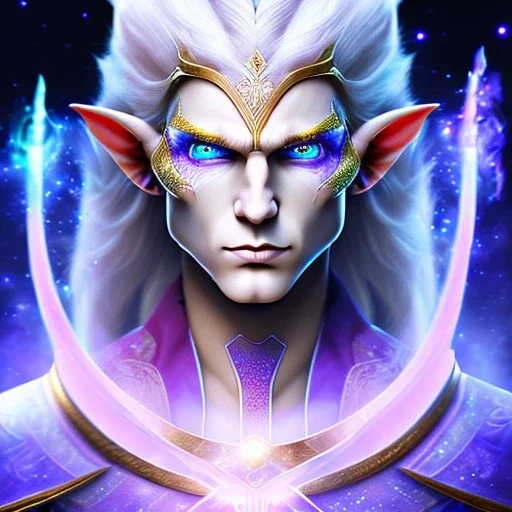 cosmic mage, elf, male, battle mage, cosmic sword, epic, cosmic magic, staff, long ears, white hair, face details, odd-eyes