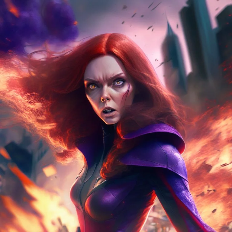 Wanda Maximoff, mulher, jovem, cabelos ruivos, olhos vermelhos, raiva, corpo inteiro, fundo cidade destruída, cores brilhantes, de lado destruindo algo com sua magia vermelha, traje da feiticeira escarlate, dramatico, 4k render, imagem cinematográfica. Cores frias, magia em suas mãos, magia vermelha claro