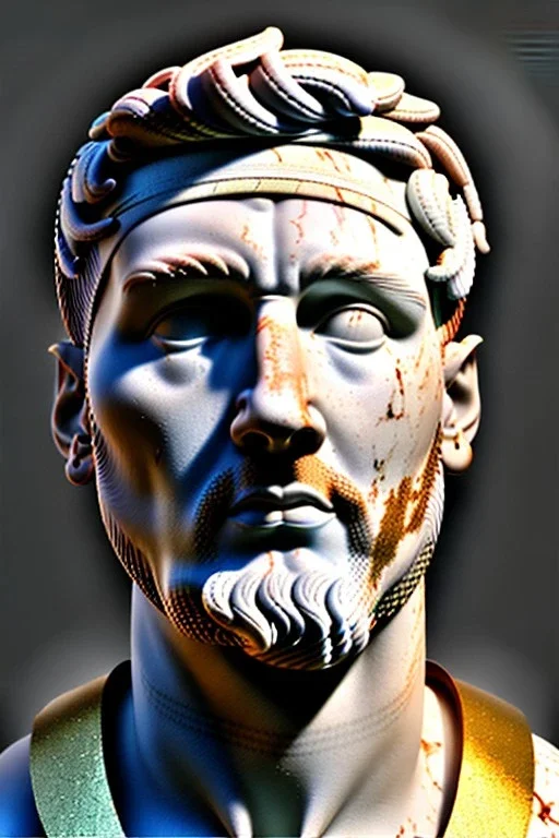 Ultra Realistic image, Roman sculpture bust, clean white marble material, Lionel Messi, gold Laurel leaves wreath, renaissance ornaments, one gold star, blue sky background, cinematic lighting, god light, 4k resolution, smooth details, ornate details, soft lighting, unreal engine 5, art station, substance 3d, art concept.