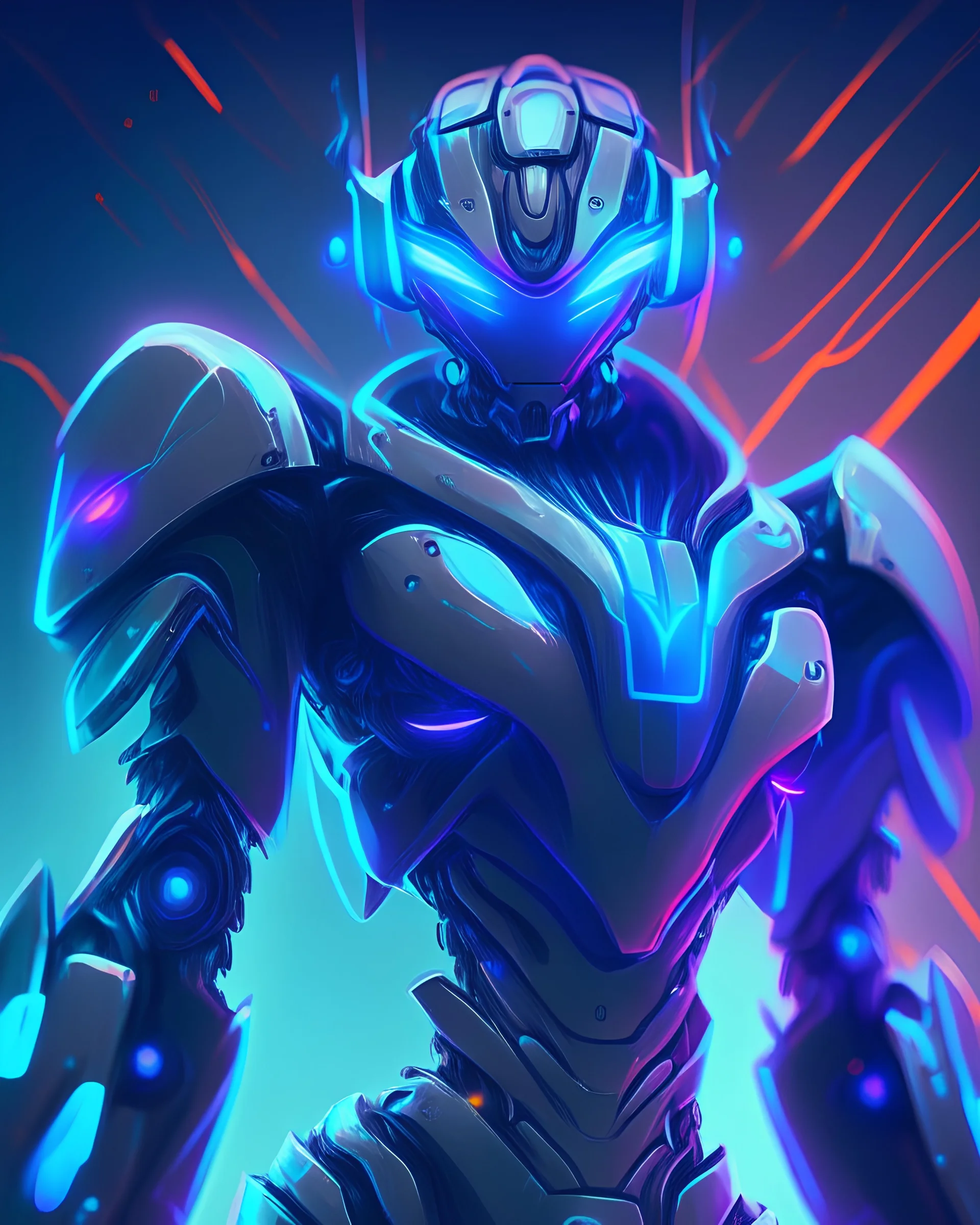 A futuristic robot with glowing blue eyes, in the style of anime art, sharp lines, vibrant colors, dynamic poses, 16k resolution
