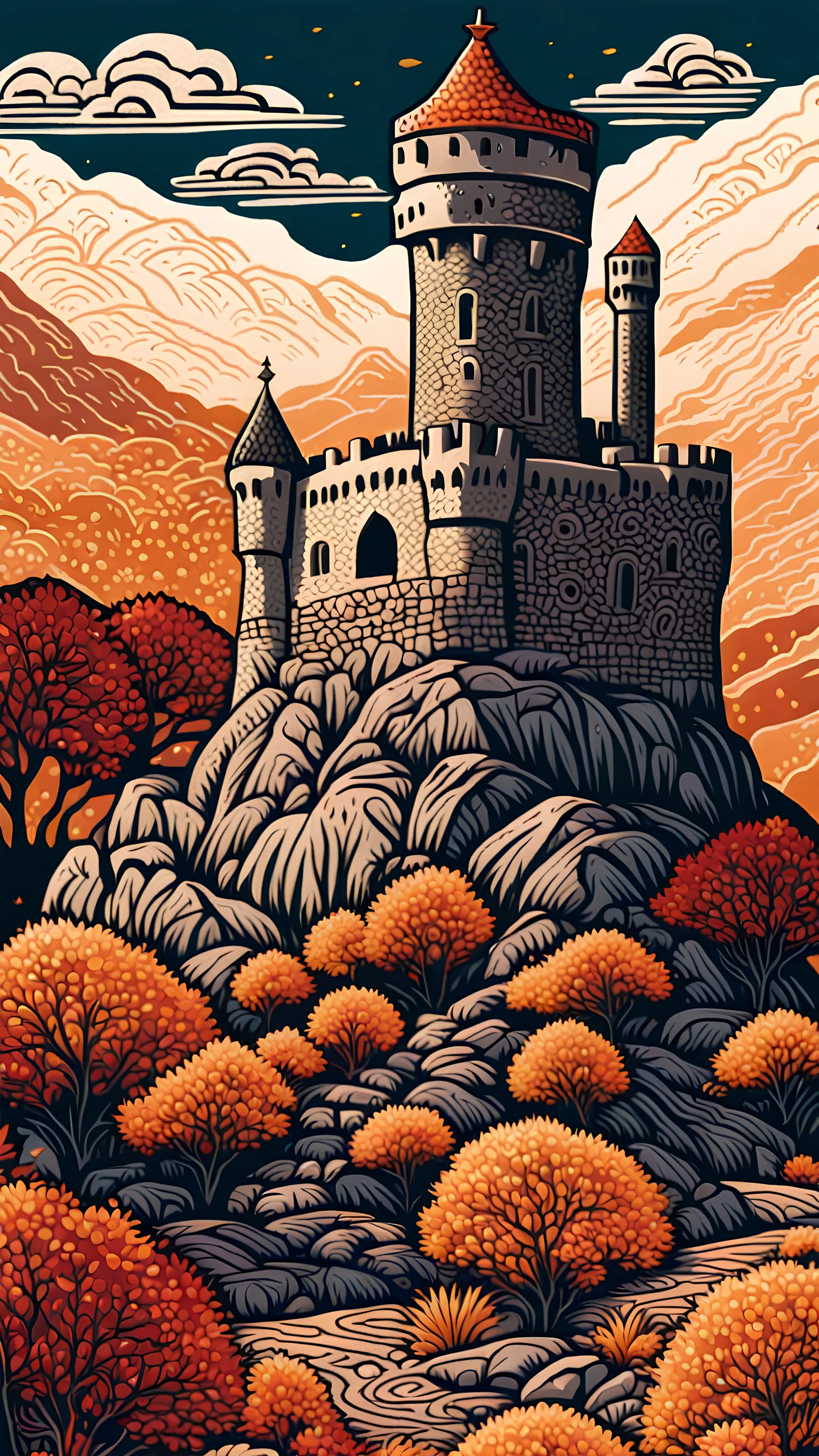 Omani stone castle in an autumn landscape, fine-art four-colour linocut illustration intricate dynamic lighting wallpaper award winning ultra detailed high definition very cute Print zentangle maximalist graceful linocut