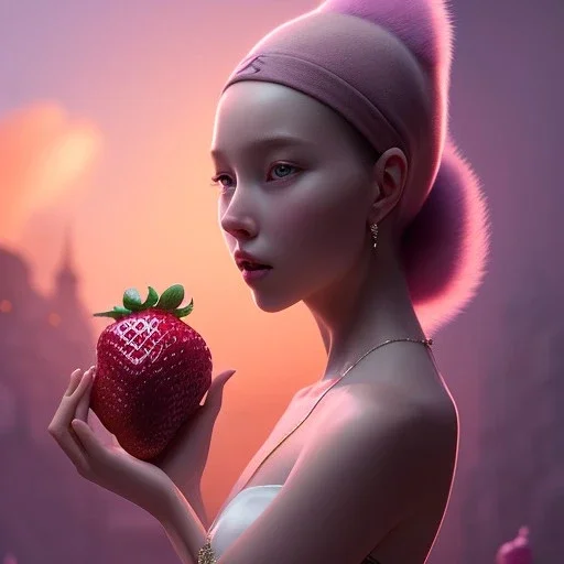 pixar style, volumetric pink sky environment and background, volumetric lighting, dramatic lighting, realistic painting of an strawberry and a beautiful woman holding a jam glas, looking excited, detailed digital painting, extreme dense and fine fur, anime, ornate, colour-washed colors, elegant, small minutiae, tiny features, particulars, centered, smooth, sharp focus, renderman gofur render, 8k, uhd, detailed eyes, realistic shaded volumetric lighting, caustics, backlight, centered camera view