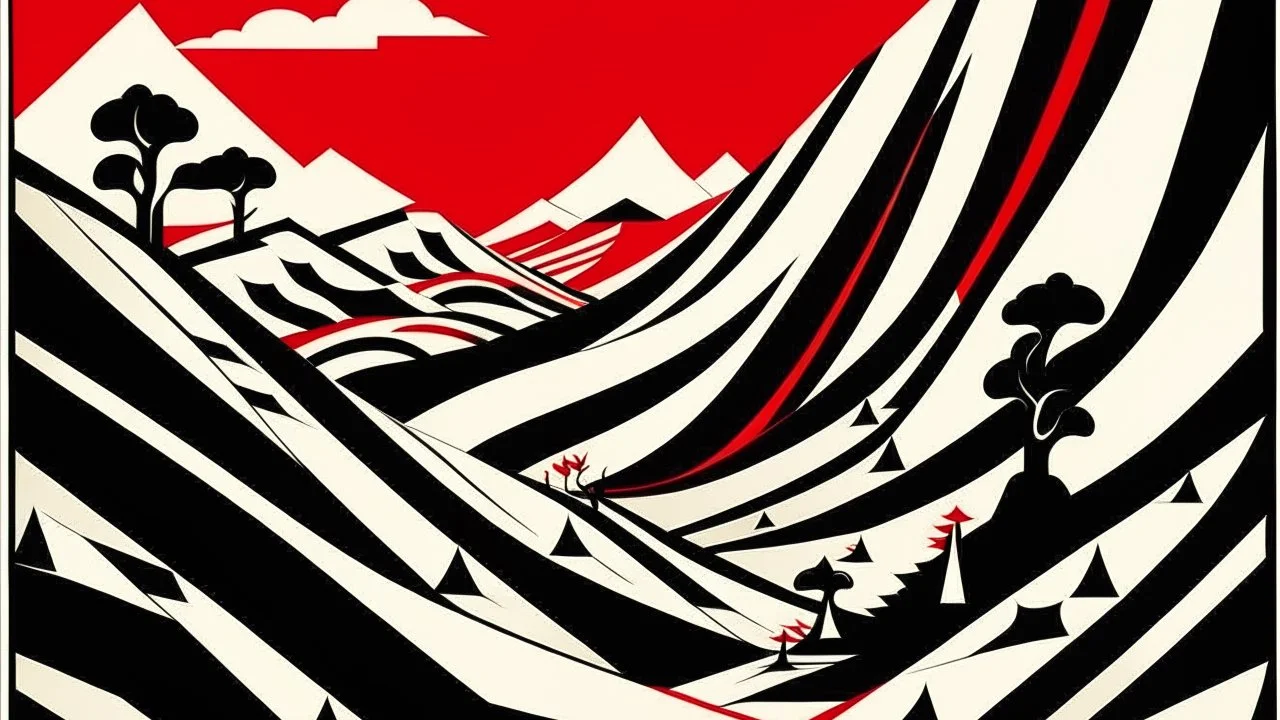 An abstract and ultra minimalist design poster by Escher and Kuniyoshi of a red, black and white desert landscape.