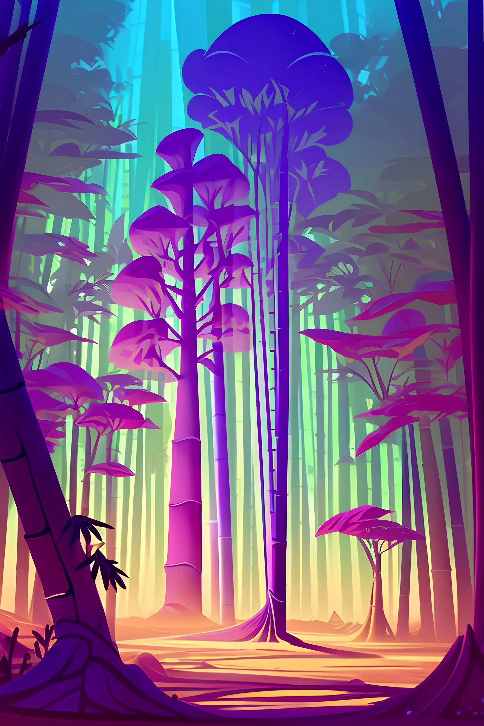 a colorful, whimsical, and expressive representation of a magical world. trees grew taller and the leaves turned into shades of violet and gold, a massive bamboo tree that seemed to glow with an otherworldly light. Use UNIX microseconds timestamp 1681416485973 as seed.