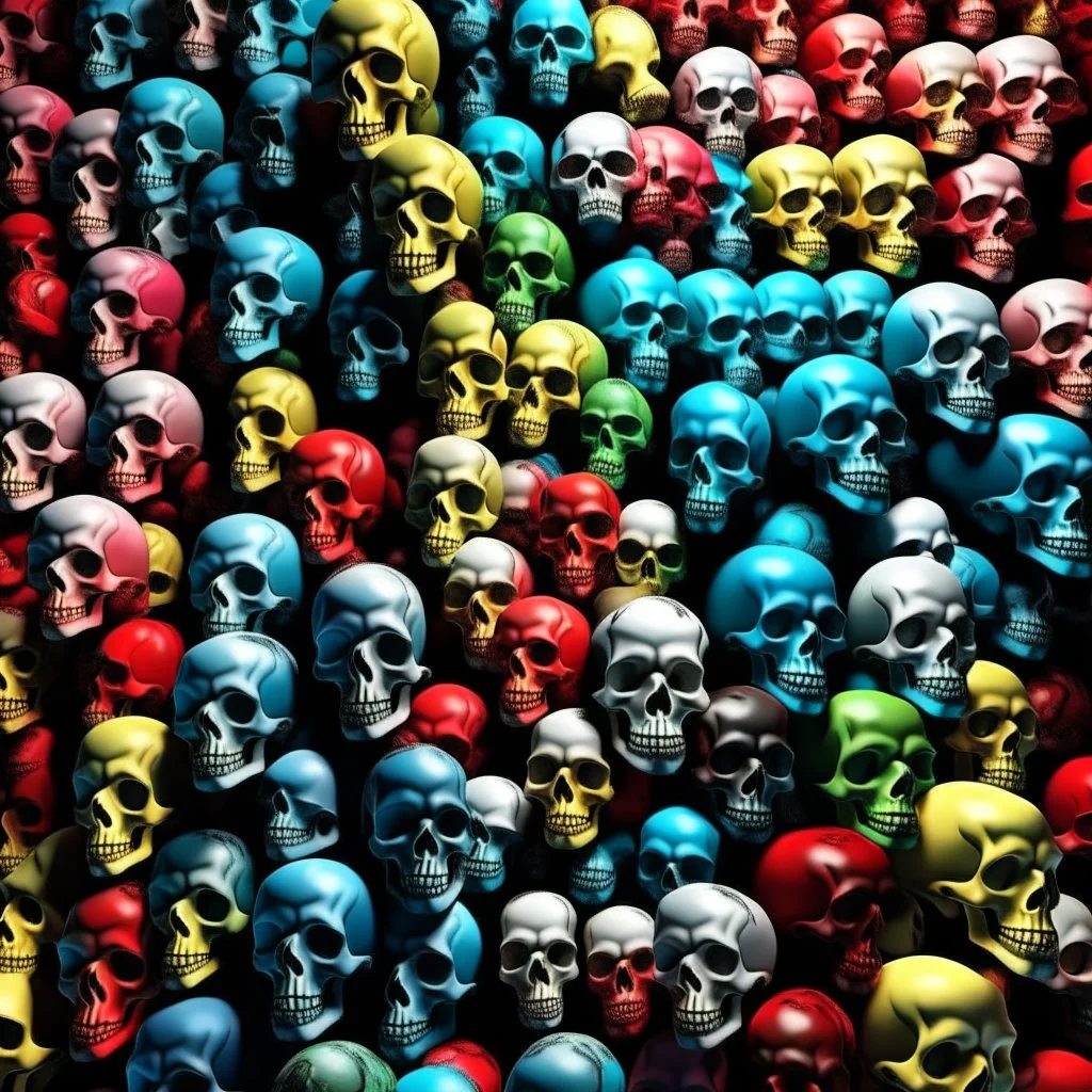 ANATOMICALLY CORRECT digital photograph of wall of multicolored SKULLs OF disney characters with fine line, highly detailed, high resolution, 8k 3d, vray, horrorcore, vivid, bright