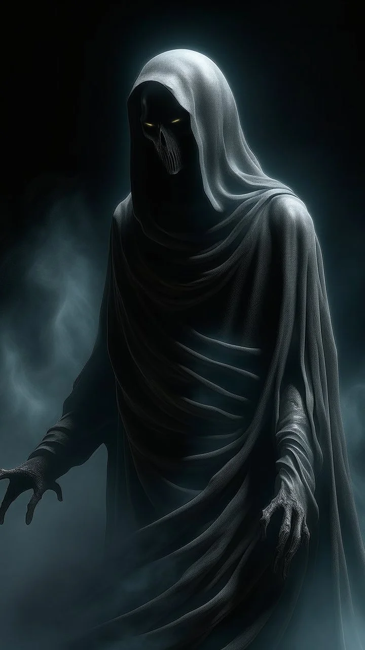 In a mesmerizing and ethereal manner, an otherworldly being emerges in the form of a translucent grey hood ghost. flowing smoky black robes. Forward facing