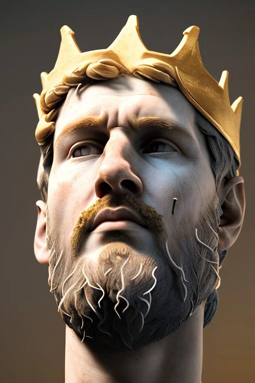 Ultra Realistic image, Roman sculpture, white marble material, Lionel Messi, gold crown of natural thorns, god crown, gold veins, Renaissance style, sun rays background, waist up portrait, epic, celestial, cinematic lighting, God lights, 4k resolution, smooth details, soft lighting, unreal engine 5, art station, substance 3d.