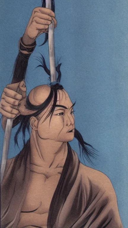 A male water genasi with deep blue skin color, water shape dred hair on head. Shaolin monk with long stick weapon, kung fu master, martial art