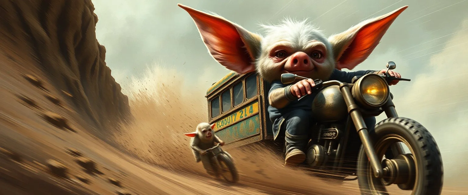 portrait of gremlin pig kobold mega blasting fast, so freaking fast, faster than a greased muscle shiny cowboy disco funk fusion fluffy man gremlin monkey pig on a runaway mud black veteran buss truck jumping over the cliff . speed and energy, painted by Rembrandt and fallout 4, straight down a muddy slide, beside an orc motorcyclist