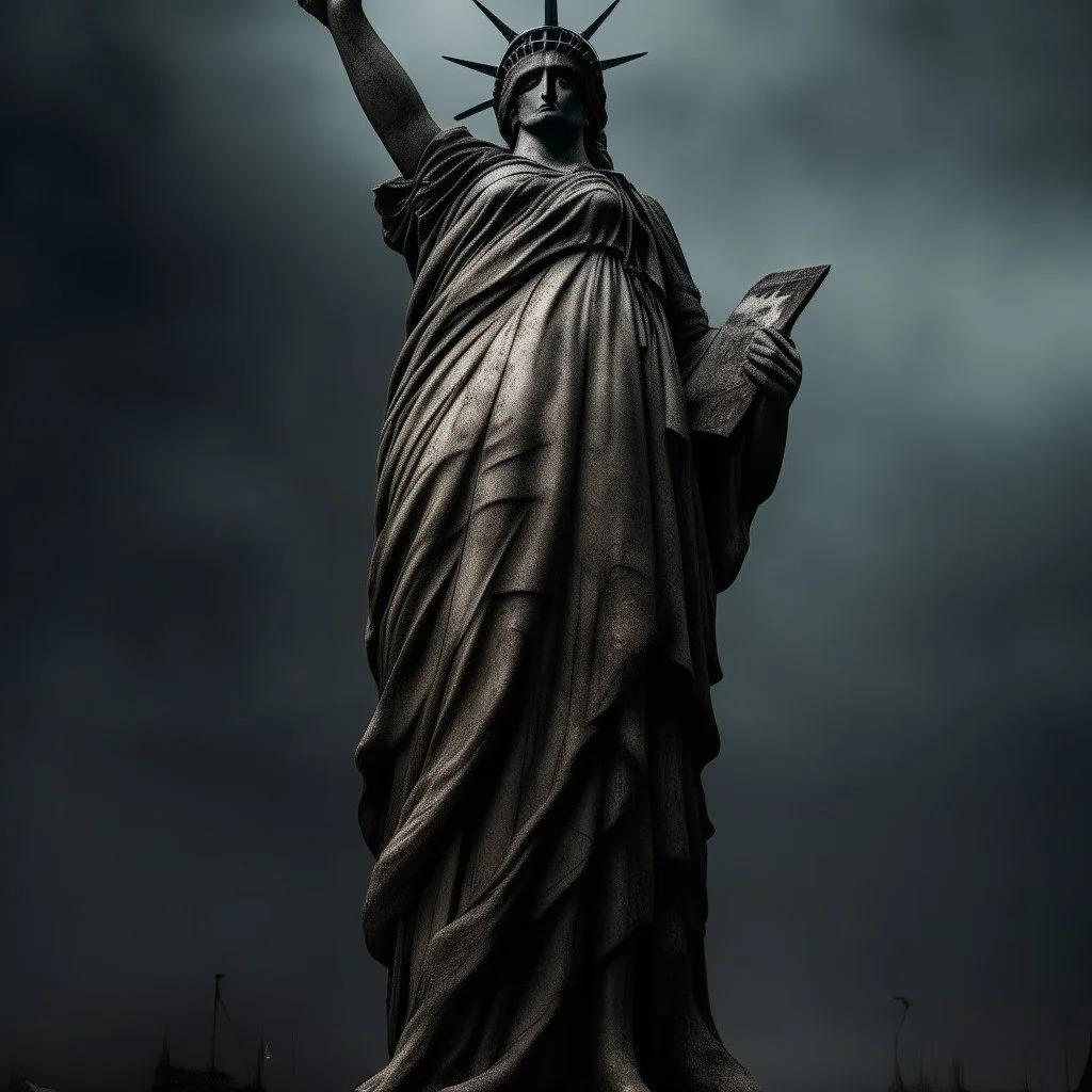 the statue of liberty, dress dirty and torn, her face solemn and terse, trash littered at her feet, she holds a crumpled american flag, she walks away with back turned under a dark and dreary sky