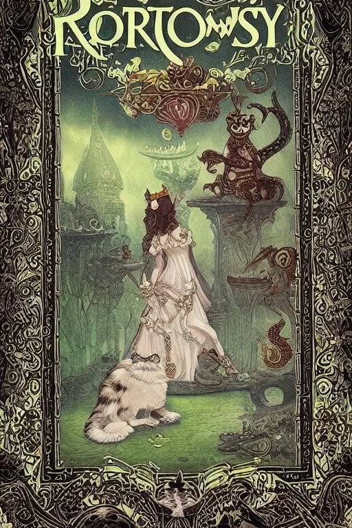 dark fantasy, intricate cover, whimsical with a cat in boots next to a frog with a crown and a translucent glass slipper