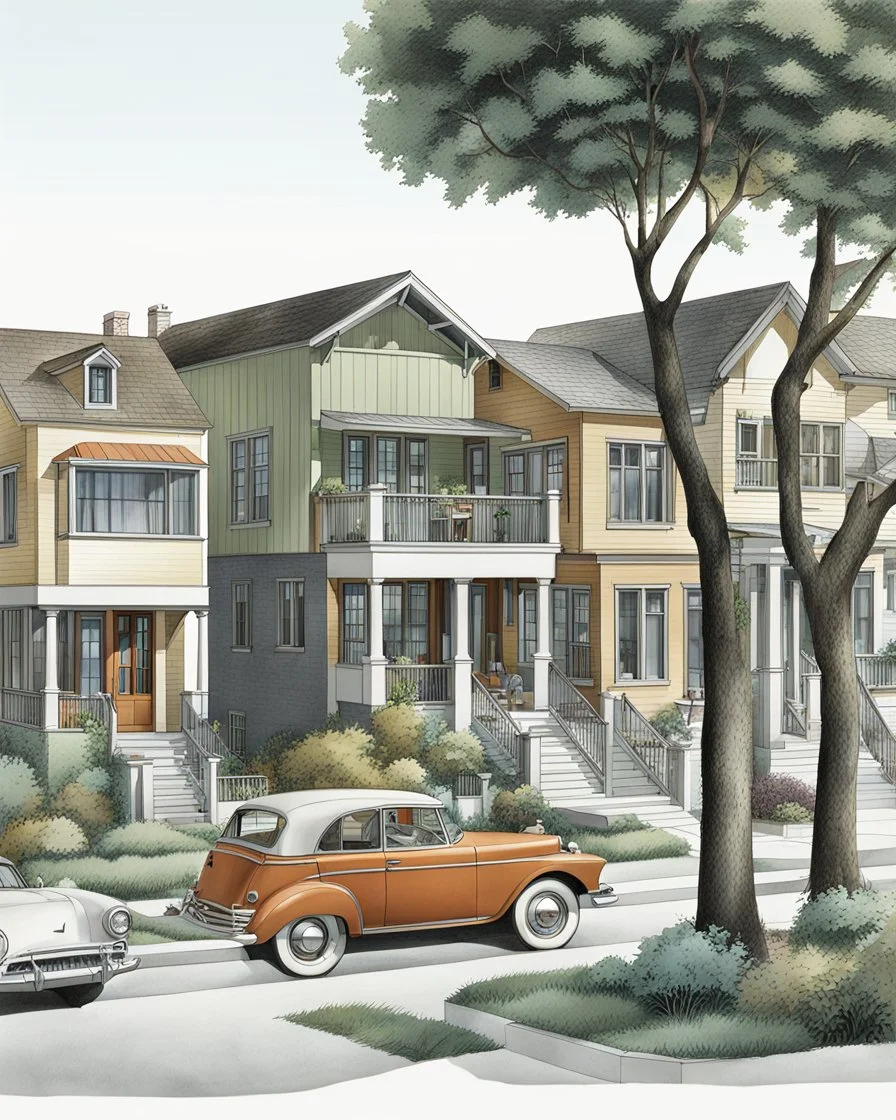 Architectural drawing of an urbanization of two-story houses, streets, trees, people and cars