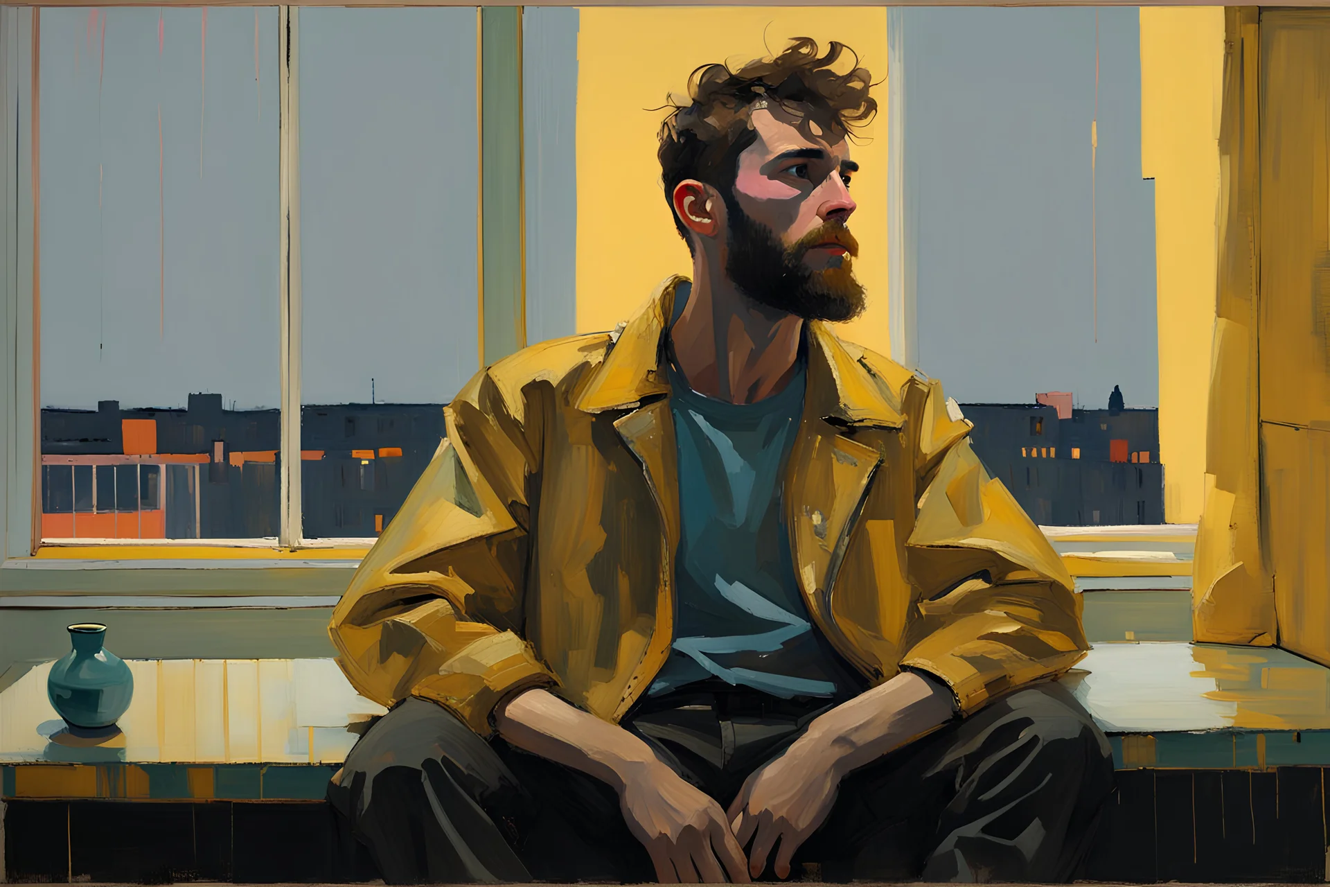 Euan Uglow-Gilded style dedicated beautiful a dreaming young beard colored punk guy sits and looks out of the livingroom window, stormy Day, neon pop '80s oil paint-style raw-in Blade Runner living room- by Stanley Kubrick