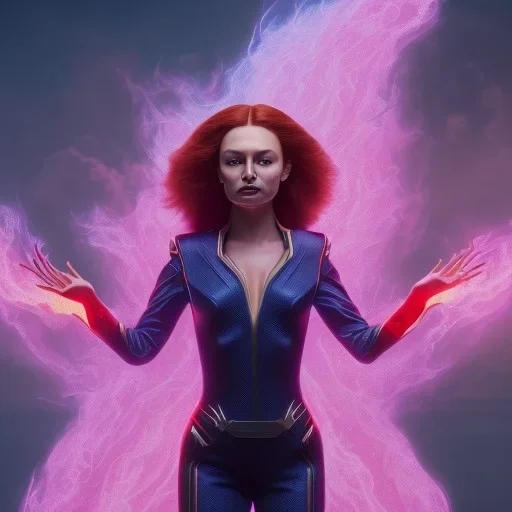 Dark Phoenix, X-Men , Jean Gray. hyperfantastic,hyperscifi,unreal engine 5.best colours,deep purple . fire theme .blue neon smoke.cinamatic,full cinematic lights.beautiful body details,beautiful face details,8k,hyperdetails.by alan parker,ann dittman