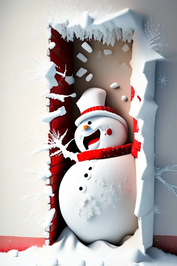 3d Christmas snowman, bursting out through a wall, plaster texture, white and red, 3d background