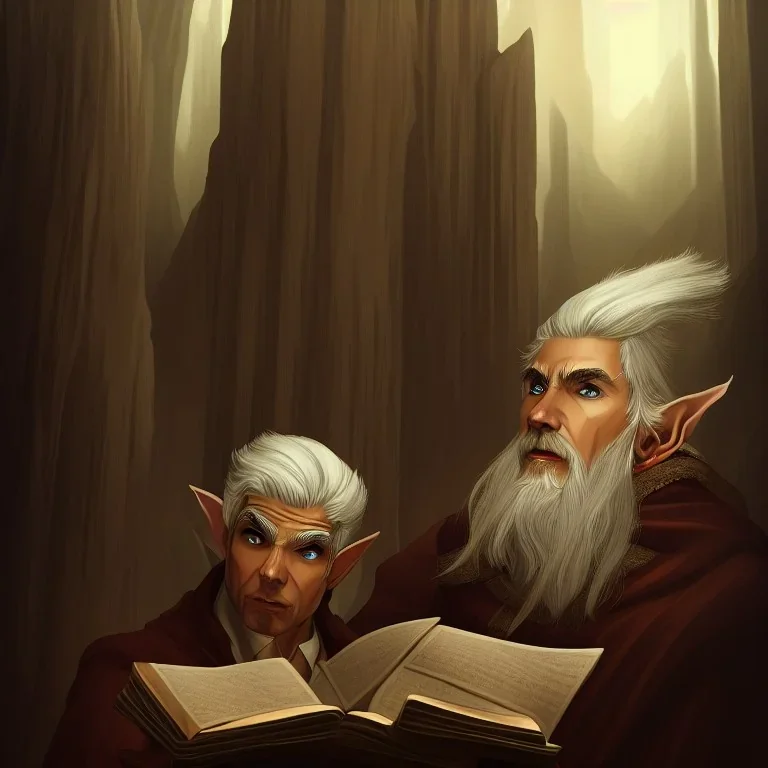 portrait of calm old elf with white hair in brown suit reading a legendary book, fantasy character, somber, gloomy lighting, epic perspective, trending on artstation