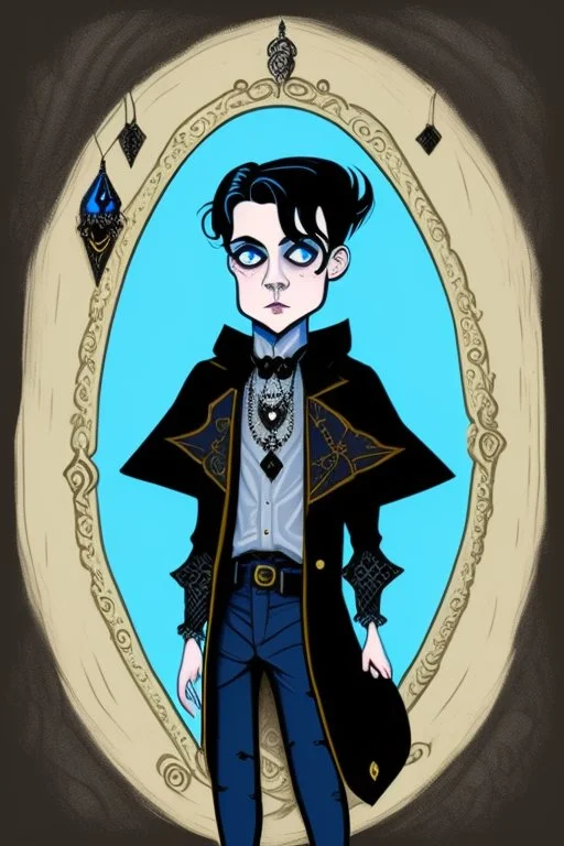 black haired blue eyed young man wizard with gothic jewelry in the style of charles addams