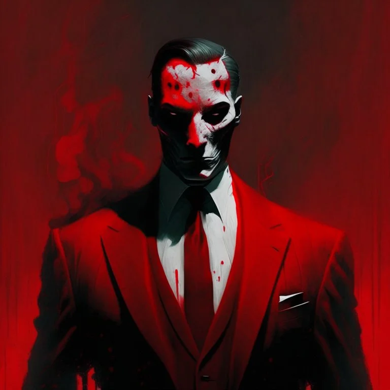 a sinister figure wearing a red suit with a red tie with no face and dirty slicked back hair