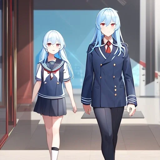 Clear focus, High resolution, long fluffy light blue hair, hair between eyes, long locks, wearing a sailor uniform, wearing a sailor skirt, long black socks, 1girl, cartoon, cute, UNFOTABLE studio, red tie, walking, outside setting