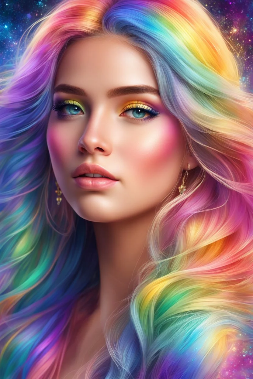 Digital painting style. Pastel hues adorn her every trace, A rainbow girl with a shimmering embrace, Her eyes, glistening with dreams and grace, A vision of magic, lighting up any space. highly detailed, pretty face, adorable digital painting, beautiful detailed digital painting, beautiful artwork, 4k, high quality