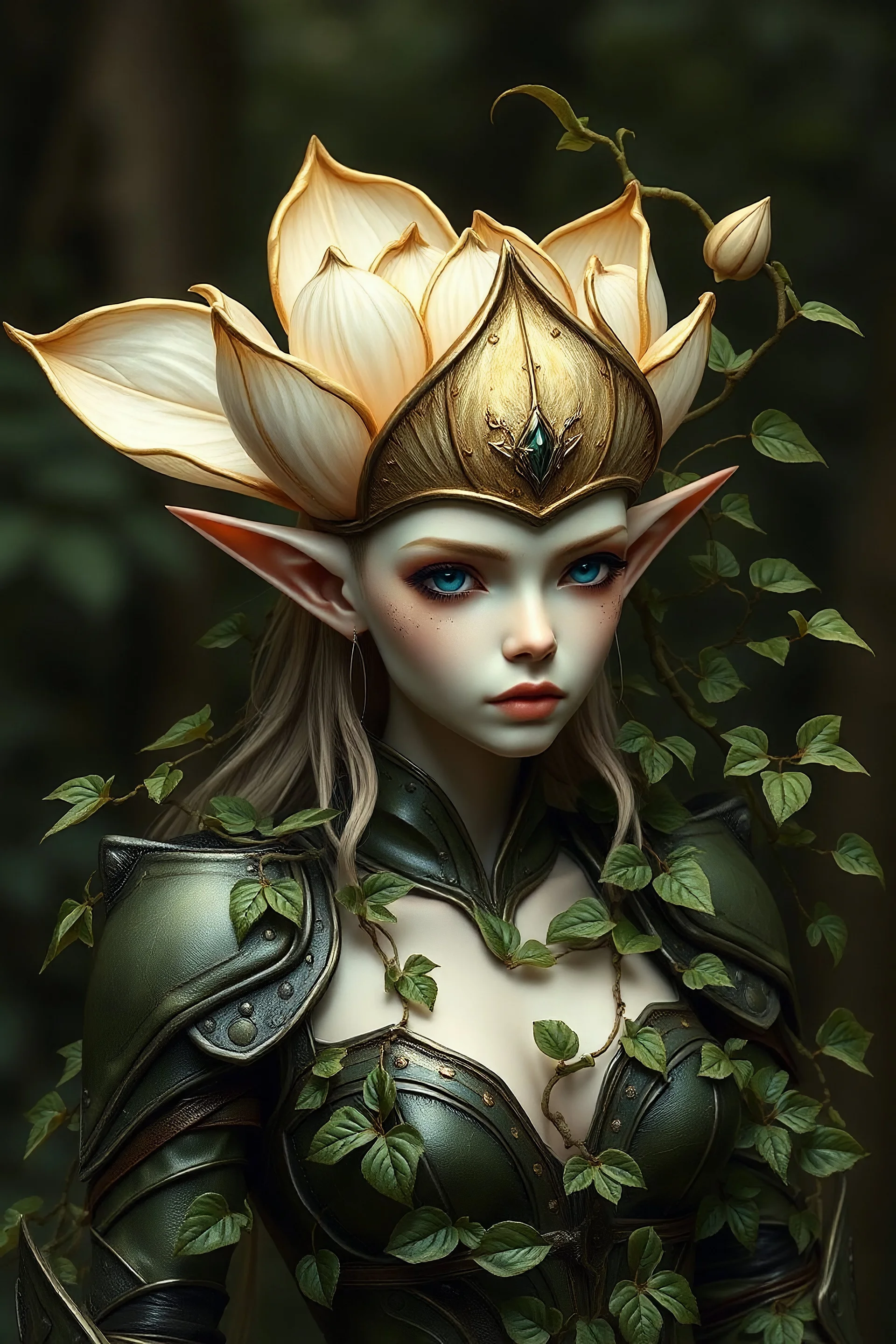 ivory skined flower elf single extra large gold trimmed flower bud top of head tons of vines trailing shoulders with tons of small leaves female blue eyes green leather armour small pointed ears