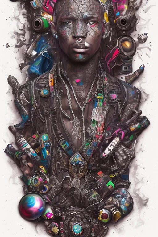 Black rapper with all the jewelery and tattoos, scateboard. Surrounded by an abstract backstreet graffiti vibe