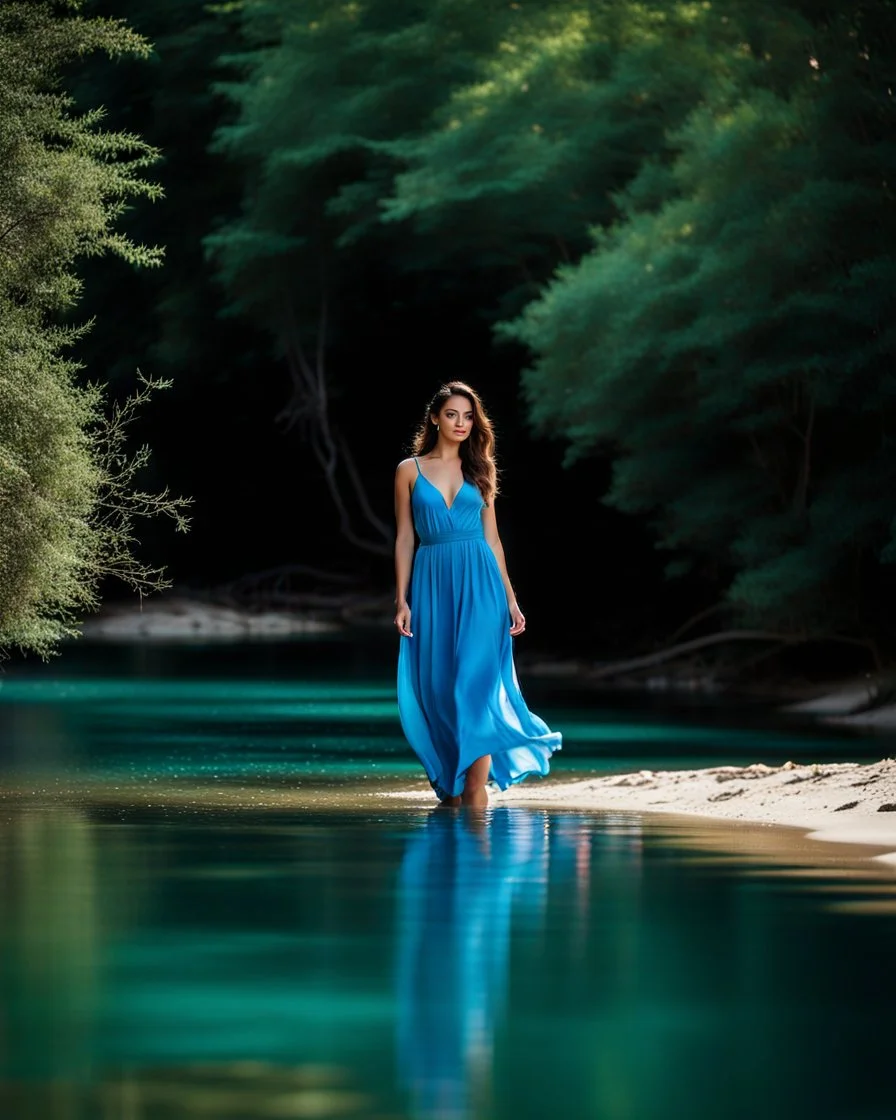 beautiful girl in pretty blue dress walking in water toward camera in trees next to wavy river with clear water and nice sands in floor.camera capture from her full body front