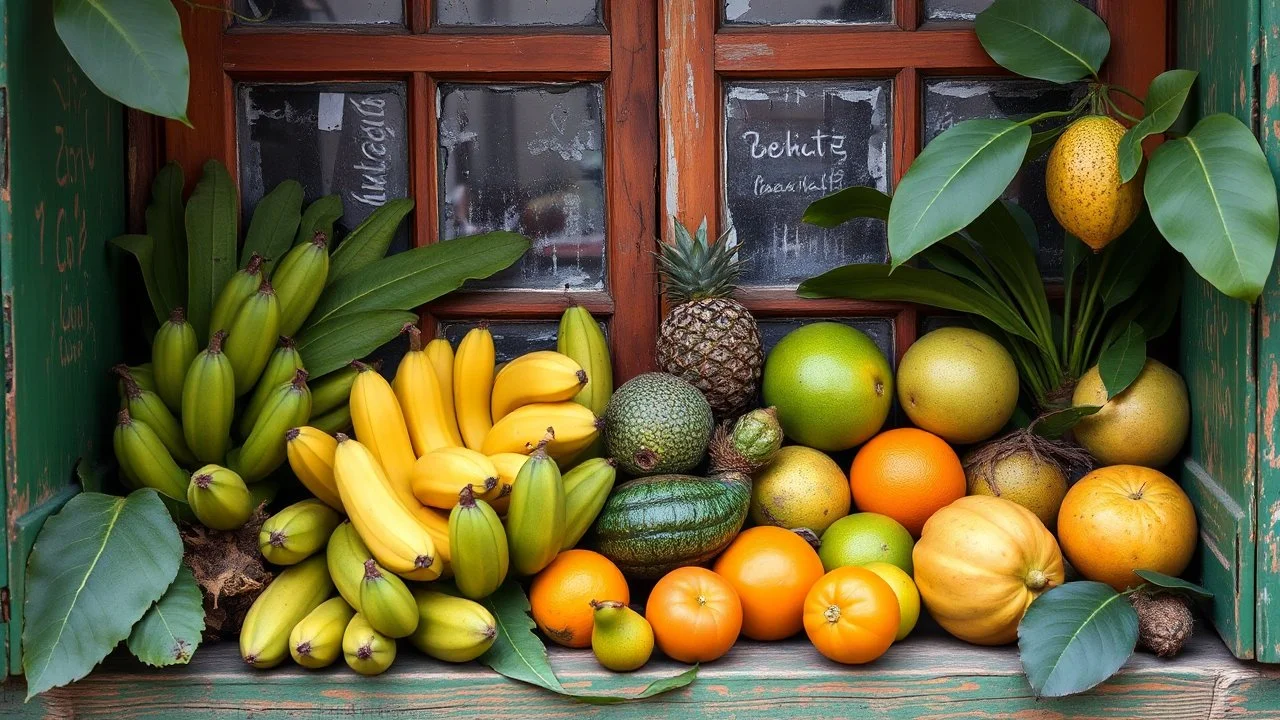 Bananas ripe and green, and ginger-root Cocoa in pods and alligator pears, And tangerines and mangoes and grape fruit, Set in the window