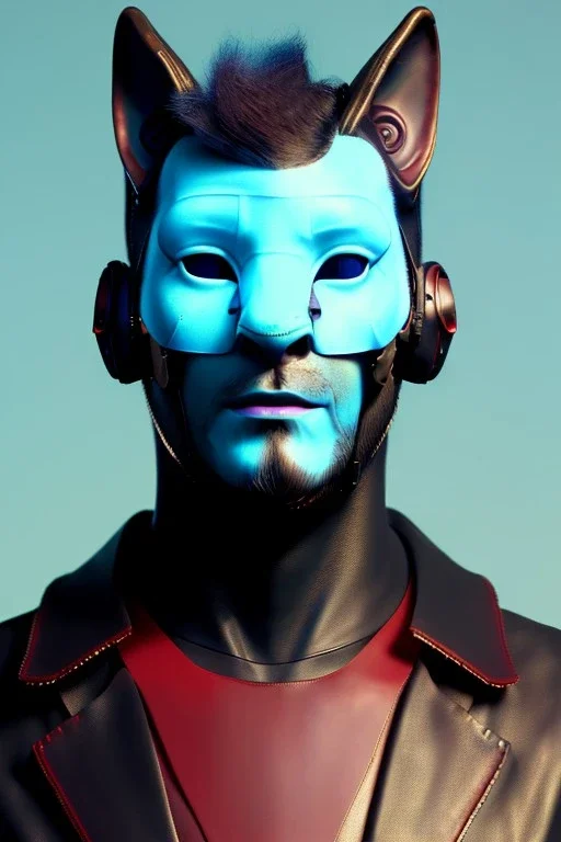 Medium Close Up Portrait, Front image. cyberpunk, rabbit mask, irish man, black hair. leather suit. blue, red, color. Ghost in the shell style. Color background, photo studio. Avatar image, highly detailed, concept art, smooth, unreal engine 5, god rays, ray tracing, RTX, lumen lighting, ultra detail, volumetric lighting, 3d, finely drawn, high definition, high resolution.