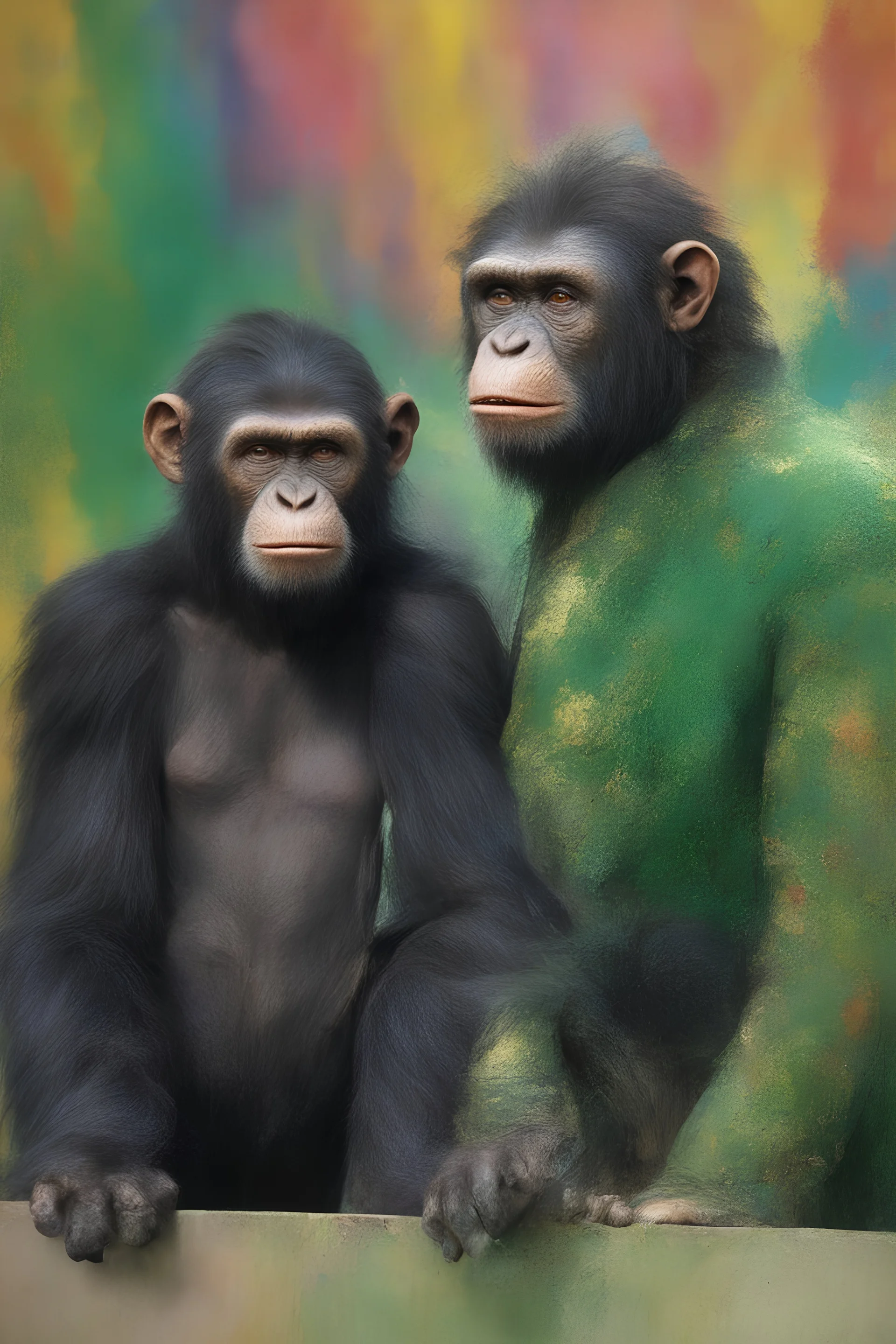 Roddy McDowall and Kim Hunter as Cornelius and Zira the husband-and-wife chimpanzees from Planet of the Apes wearing green formal clothing - extremely colorful, multicolored paint splattered wall in the background, oil painting by Leonardo da Vinci