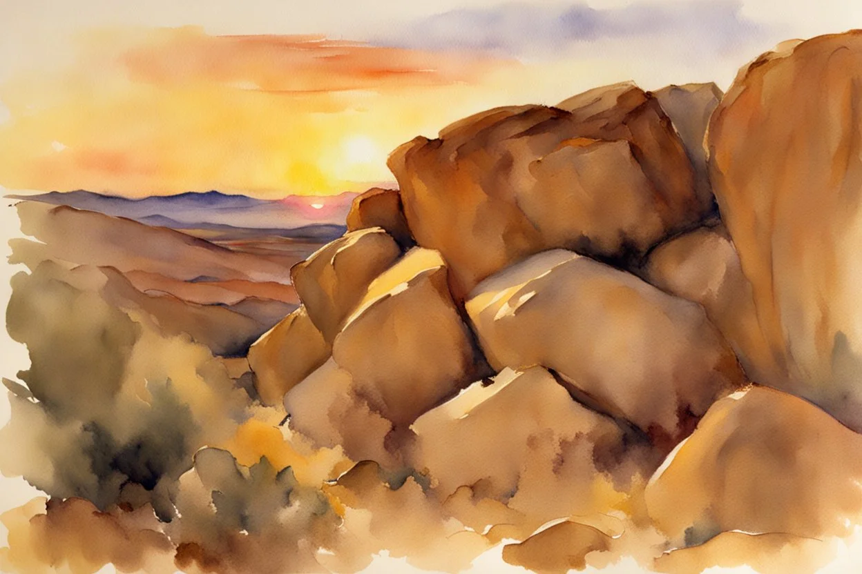 Sunset, rocks, mountains, rocky land, epic, john singer sargent watercolor paintings