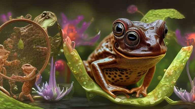 screenshot of a smartphone game, horizontal display, start screen, rear shot of a stylized and happy young brown frog with black stripes in its natural habitat at sunset, plain with wetlands, ravines, river with water hyacinth, ceibos and willows, dragonflies, beetles, dewdrops, cartoon atmosphere, digital art