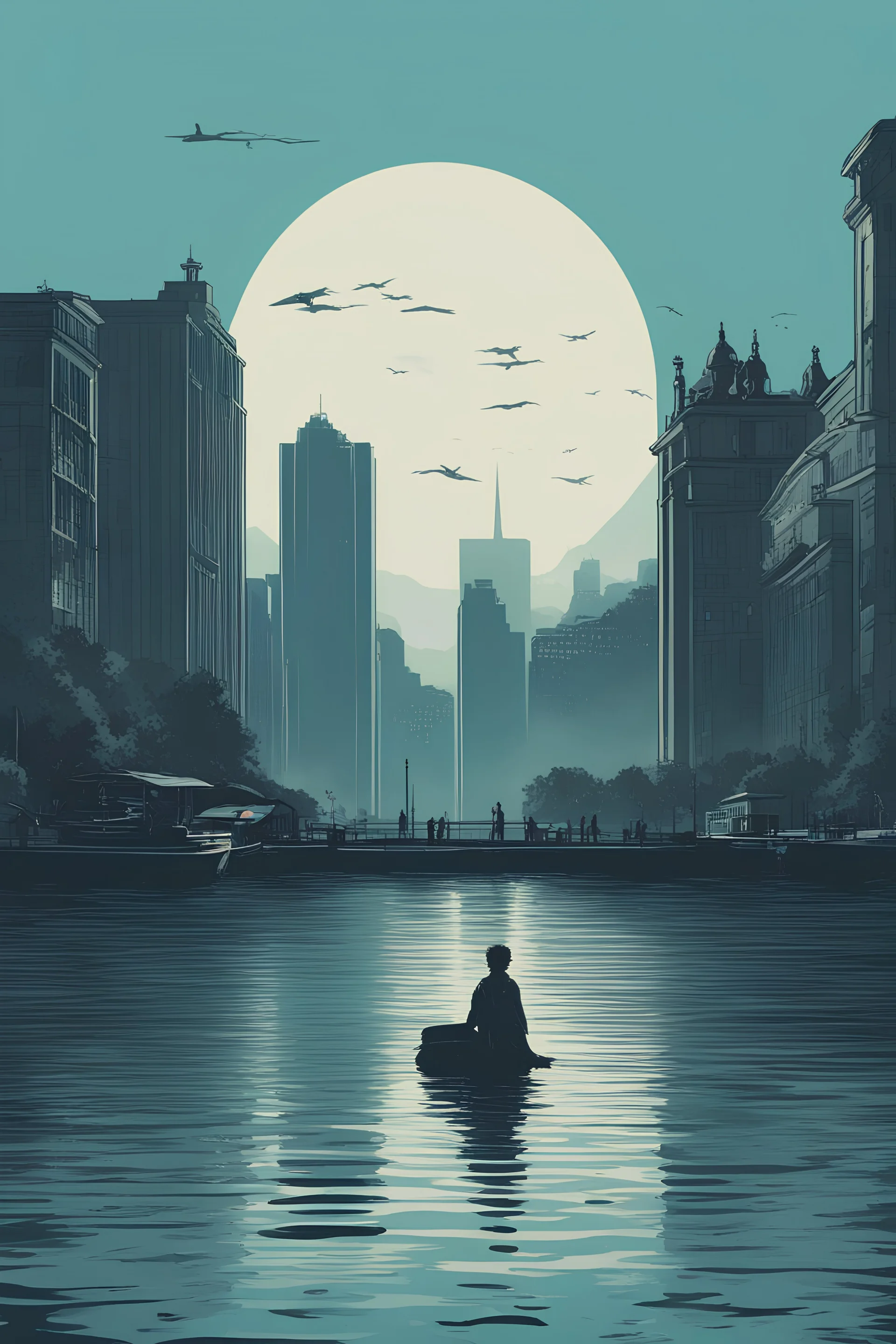 Art poster for a book about the city of Geneva with a lake. The character is in the lake. Dystopian fiction. No words. Include the jet d'eau of geneva.